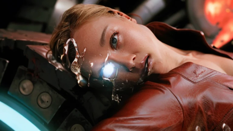 Kristanna Loken in red leather jacket, his body was now melted by the tube, Liquid metal begins to pour into the side of the tube.  His body was spewing a lot of liquid metal all over the place.,extremely sexist. 