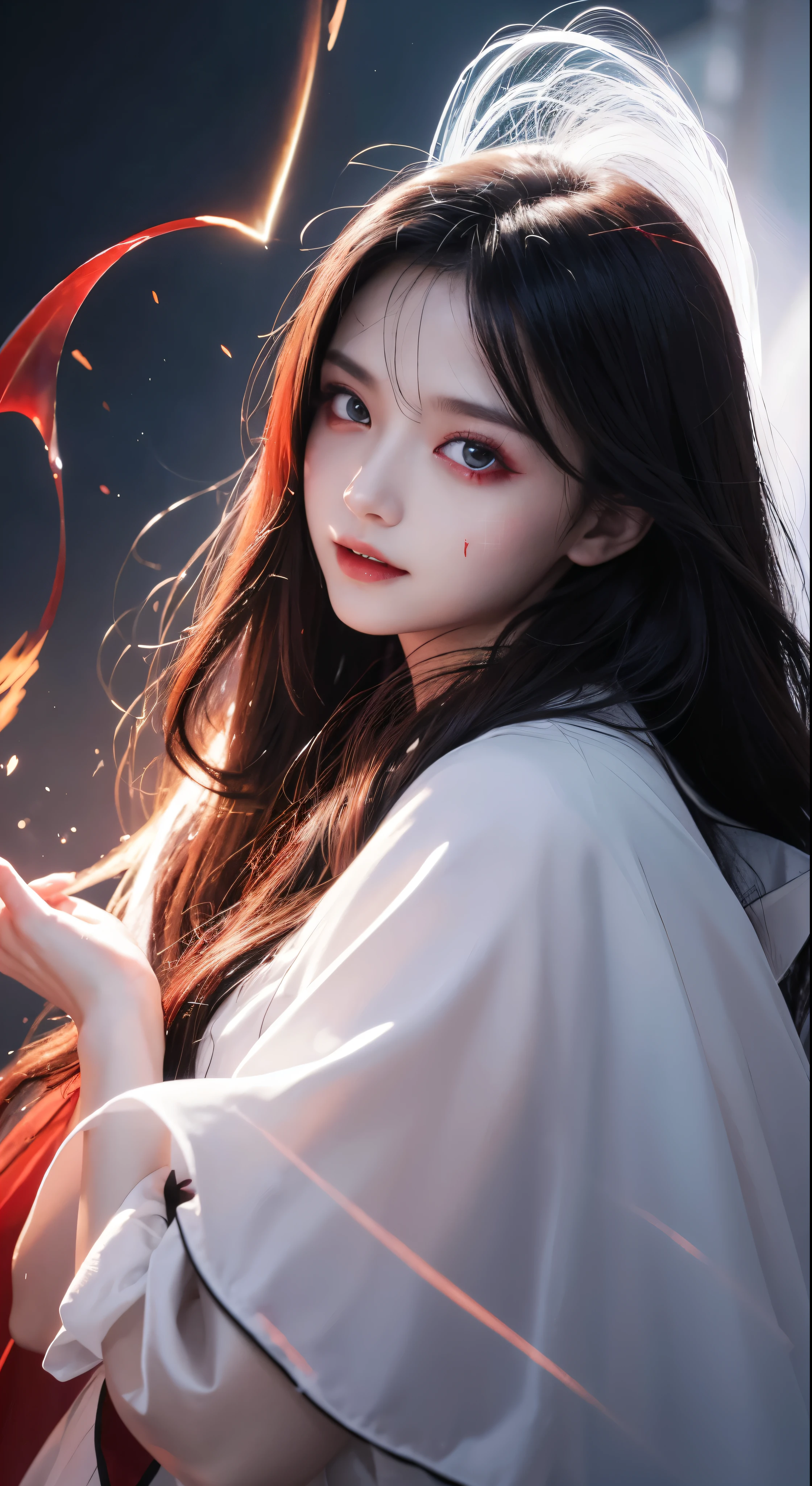 with high definition images，1 Girl、Flying hair、Red eyes、Fire Witch、Blood on face、Particles of light、Lightning rays、wallpaper、Red cape and black clothes、High Contrast、　vampire、Facial details、Psychopathic Smirk、Full body high quality images