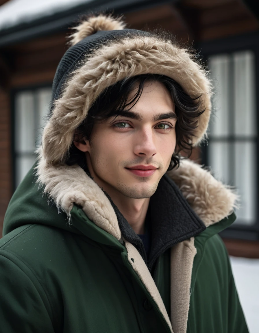 (best quality), 1boy, male, pale skin, black hair, medium hair, curtain hair, tousled hair, dark green eyes, perfect eyes, dark circles under eyes, tall, slender, handsome, strong jawline, lazy, light smile, attractive, sleepy, winter hat, winter coat, masterpiece, anatomically correct, highres