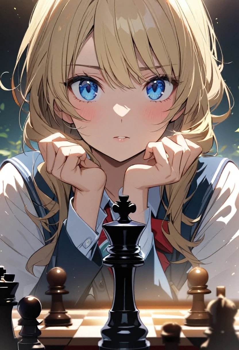 girl, blue eyes, blond hair,  beautiful, high detail, beautiful background,  playing chess, main face, front face, school girl, 30 year old