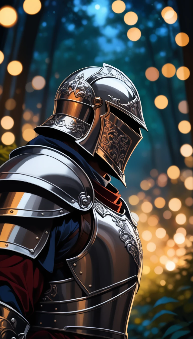 8K, RAW, best quality, masterpiece, ultra high res, colorful, portrait, (medium wide shot), (dynamic perspective), sharp focus , (depth of field, bokeh:1.3), extremely detailed eyes and face, beautiful detailed eyes, 
couple, passion moment, 
(1man, Human, human Knight, fullplate armor, muscular, square helmet)
forest background, dark forest, night time