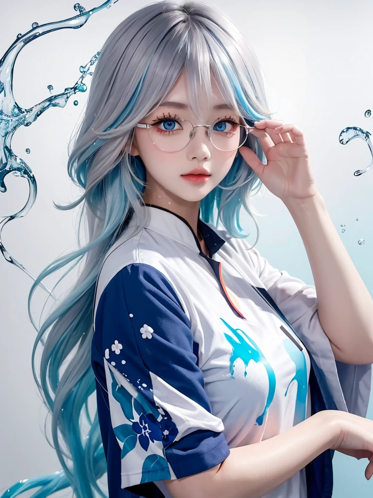 (masterpiece, best quality, high resolution), Anime style, White background, acrylic paint, ((Splash of Color, Ink splash, Splash of Color)), Sweet Chinese girl, Long Grayish blue hair, [Grayish blue|green] hair, Light blue eyes，Red half frame glasses，Super huge ，Curly hair, flash, Peach Lips, White shirt, front, Upper Body