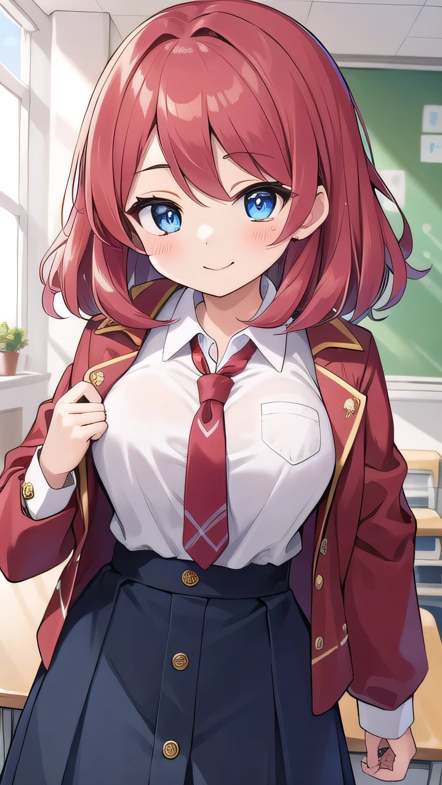 Big breasts, red hair, blue eyes, droopy eyes, red jacket, long sleeves, navy skirt, elementary school student, (super big breasts:1.1), (medium hair: 1.2), baggy clothes, elementary school student, young face, short height, 10 years old, old, shy A shy guy, smiling a little, trying to open the buttons of his shirt, white shirt, red tie,(straight hair:1.2) , gentle smile, a little smile