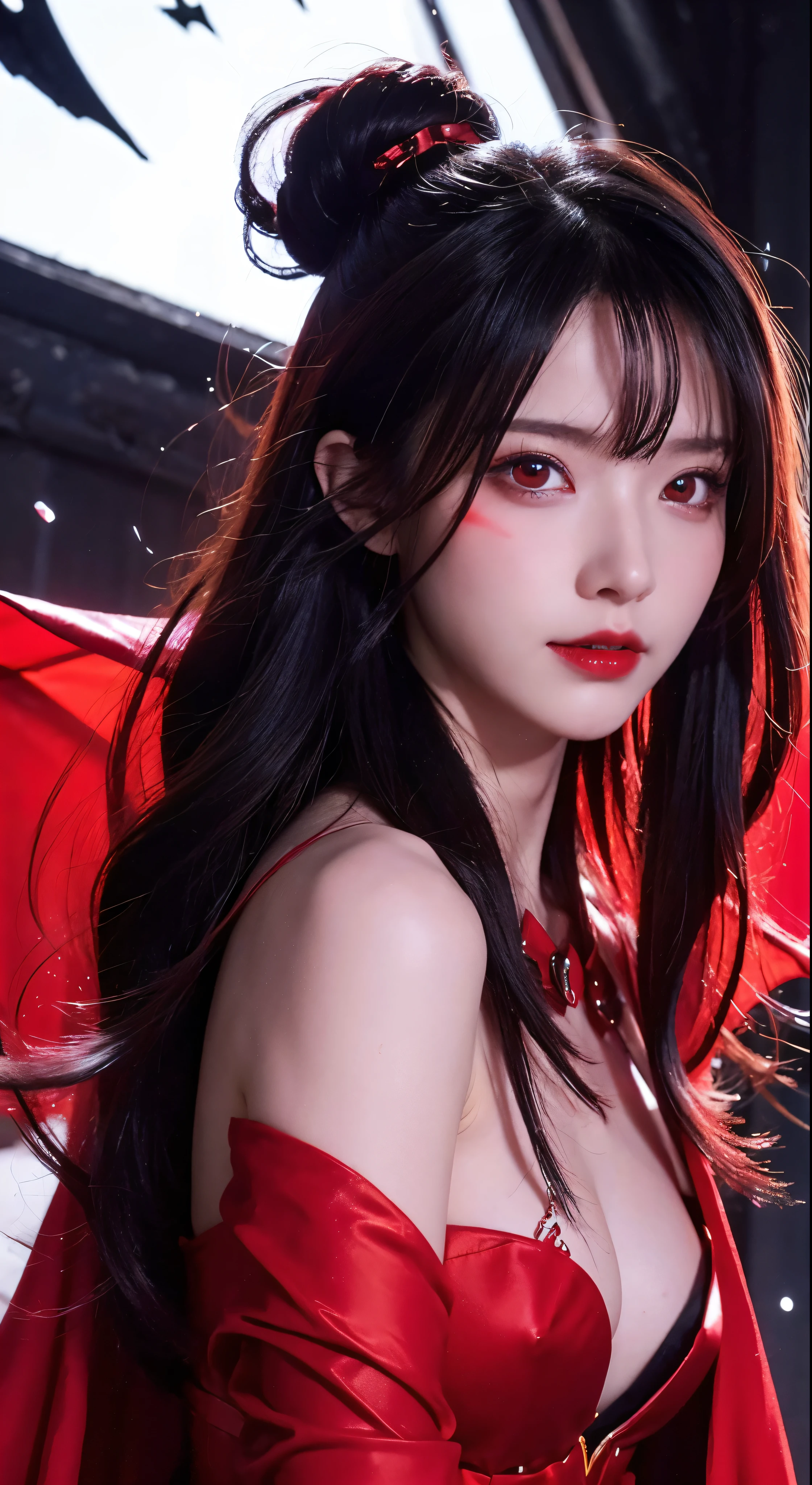 with high definition images，1 Girl、Flying hair、Red eyes、Fire Witch、Blood on face、Particles of light、Lightning rays、wallpaper、Red cape and black clothes、High Contrast、　vampire、Facial details、Psychopathic Smirk、Full body high quality images