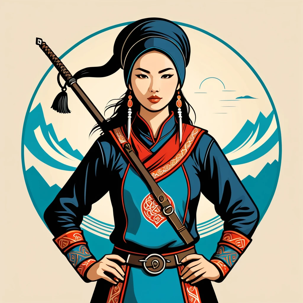 female	thief	in mongol folk outfit	,vector graphics, strong contours, logo design																						