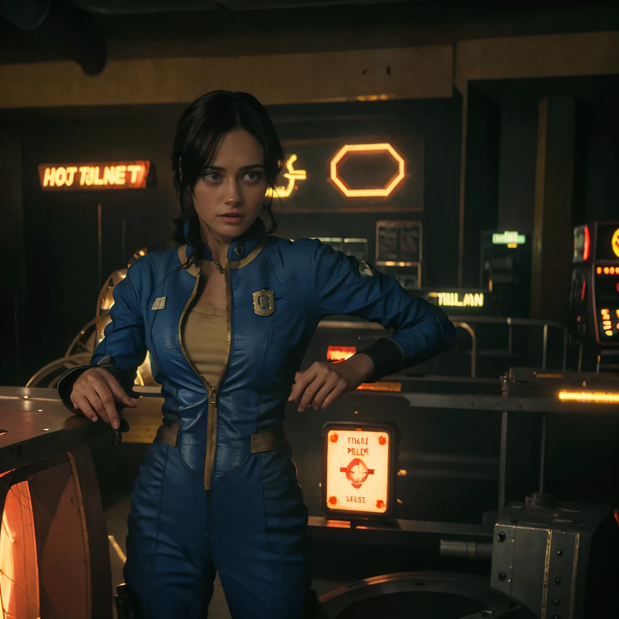 (One person). Fallout TV series. Inside a dimly lit large room in a post-apocalyptic (casino) in Las Vegas. Vaultsuit Lucy, an 18-year-old vault dweller wearing a blue and gold vaultsuit, her black hair disheveled, clutching a large gun in a dimly lit, post-apocalyptic casino. Cinematic. realistic colors, realistic, photorealistic. EllaPurnell1