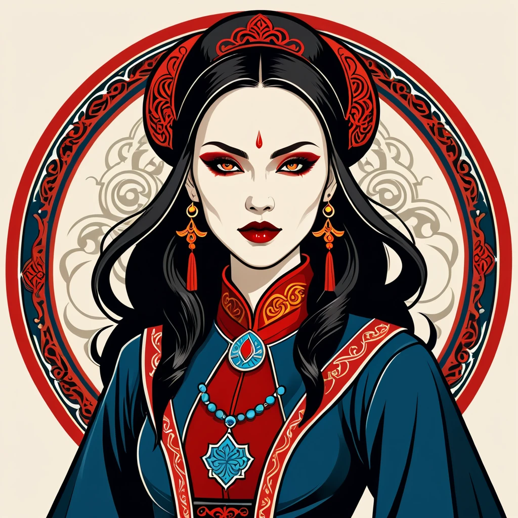 female	vampire	in mongol folk outfit	,vector graphics, strong contours, logo design																						