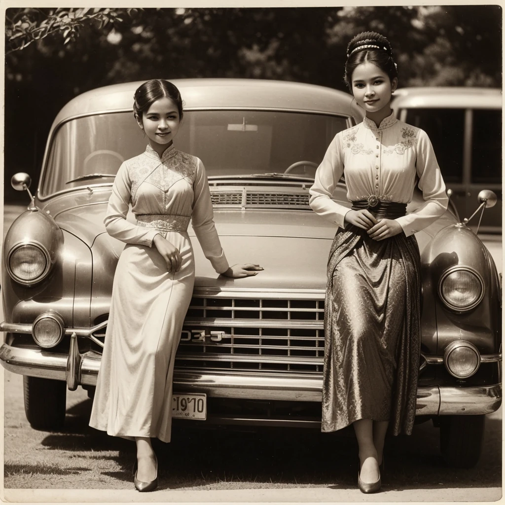 Arafed photo individual a 23 year old Indonesian woman wearing a kebaya inspired by RA Kartini, kebaya photo, old sepia photography, beautiful woman, vintage photography, kebaya photo. graceful and charming pose beside a limousine. license plate with 'Aryy Dewix' inscription antique photo, retro young black and white photo 1910, vintage photography, antique photo, old photography, hair in a bun or bun, cute face,