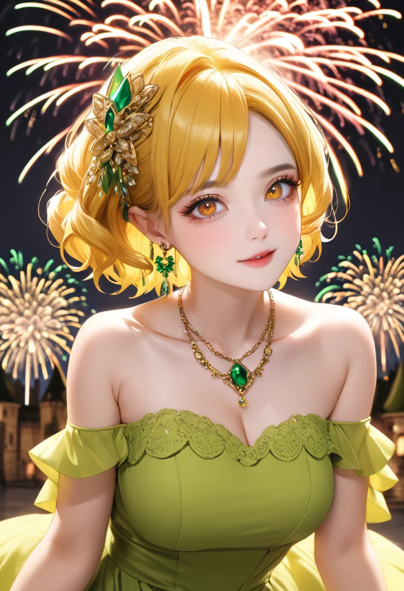 1 female Yellow short wavy hair Yellow eyebrows Orange eyes Socialite debut Green long dress Inside the castle firework hair ornaments Earrings and matching necklace