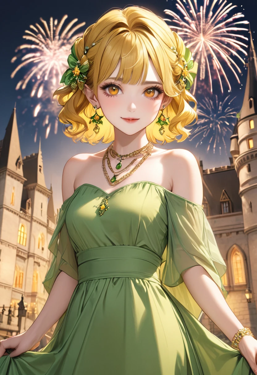 1 female　Yellow short wavy hair　Yellow eyebrows　Orange eyes　Socialite debut　Green long dress　Inside the castle　firework 　hair ornaments　Earrings and matching necklace