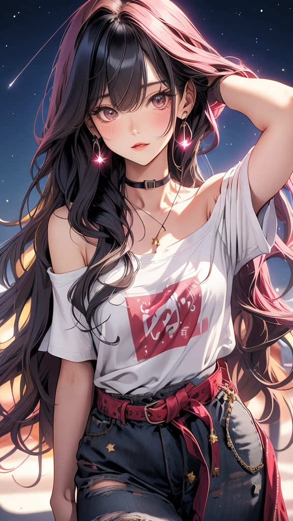 masterpiece, Highest quality, 30 years old、coolな美人, Dark pink long hair, Curly Hair, Blunt bangs, Straight bangs, Grey Eyes, White skin,Off-the-shoulder plain white t-shirt、 cool、Improve、Facial super-do-up、The background is a midnight starry sky