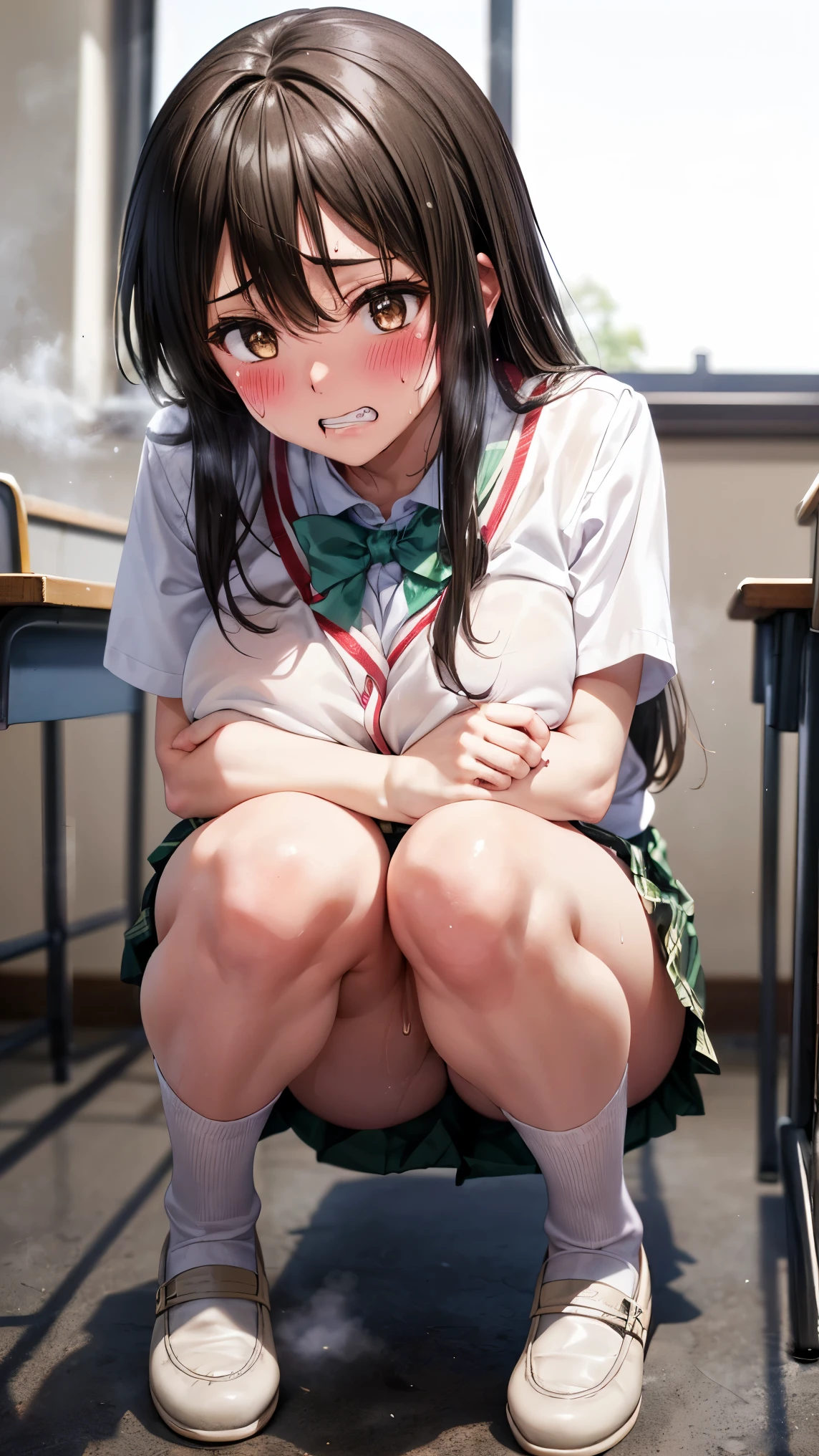 best quality,1girl,((big breasts:1.3)),((clenched teeth,orgasm,blush,sweat,steam:1.3)),yui kotegawa, black hair, (brown eyes:1.5), long hair, green skirt, plaid, plaid skirt,((sainan high , school uniform)), skirt, short sleeves,thighhighs,remote controller, remote control,crotchAngle,head out of frame,lower body,have to pee,covering crotch,(((hand between legs))),((knees together feet apart:1.3)),stand,((standing,リモコン,boy:1.1)),classroom