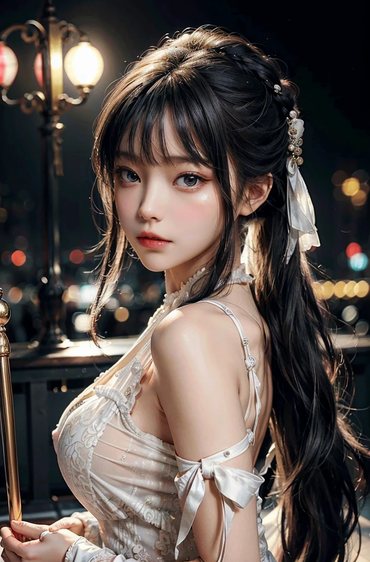 masterpiece, 1 beautiful girl, Delicate eyes, Purebred face_v1, Top quality, Ultra high resolution, (Reality: 1.4), Japanese, Korean, very beautiful, Beautiful skin, slim,Very sexy, (超Reality), (high resolution), (8K), (Very detailed), Delicate face, Bright Lights, Professional lighting, Looking at the audience, Face straight ahead, White bare back see-through antique style dress,big nipples, Black hair, long hair, long hair與辮子, Bangs,Double bun,hair accessories。