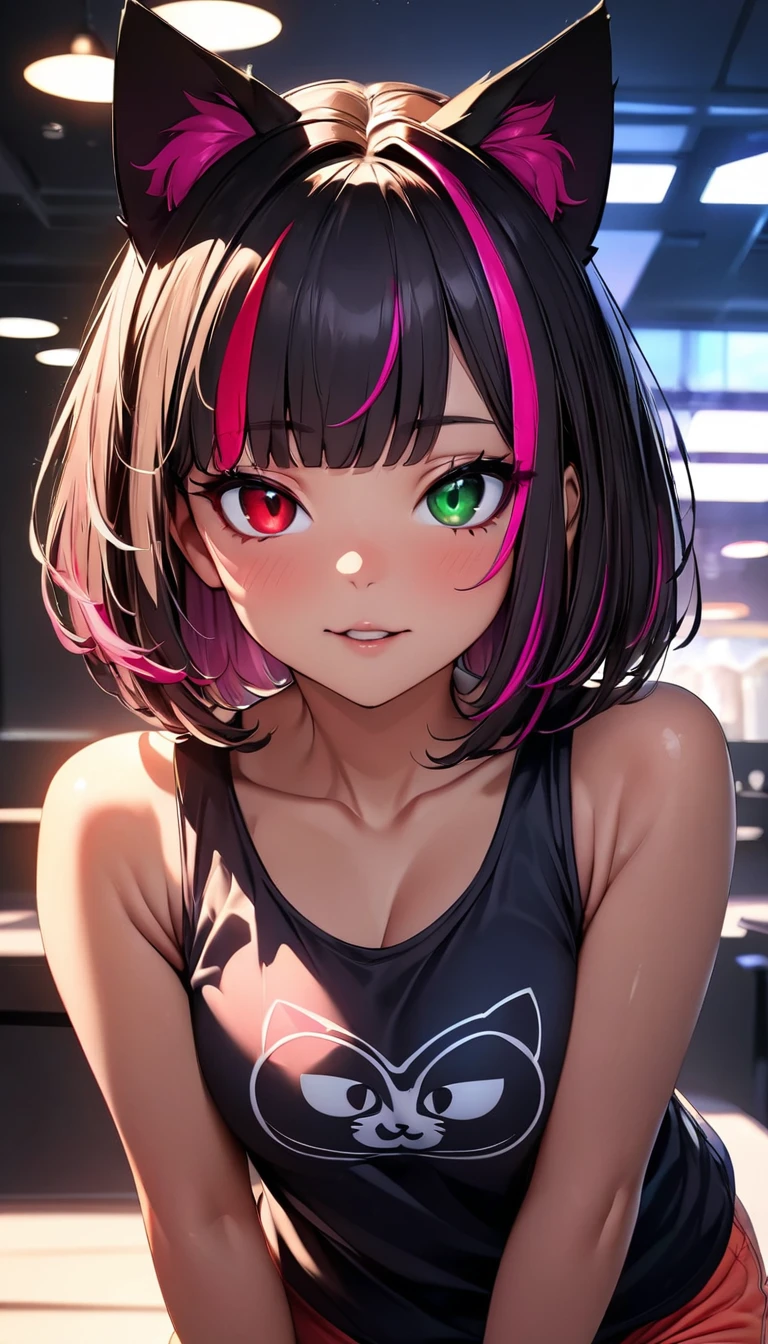 (highest quality:1.2, Very detailed, up to date, Vibrant, Ultra-high resolution, High Contrast, masterpiece:1.2, highest quality, Best aesthetics), Portraiture、girl、solo, (25-years-old:1), (slim:1), heterrochromia, green eye, red eye, Bright color,  (Cat ears), animal pattern tank top, short pants, cat cafe, cute cat pose, Beautiful fine details、Beautiful lip detail、extra short hair, ((bob cut:1.5))、pink and purple, ((streaked hair:1.9)), (highlights hair: 1.6), (medium breast:0.5), (tan skin:0.5), , cowboy shot:1,