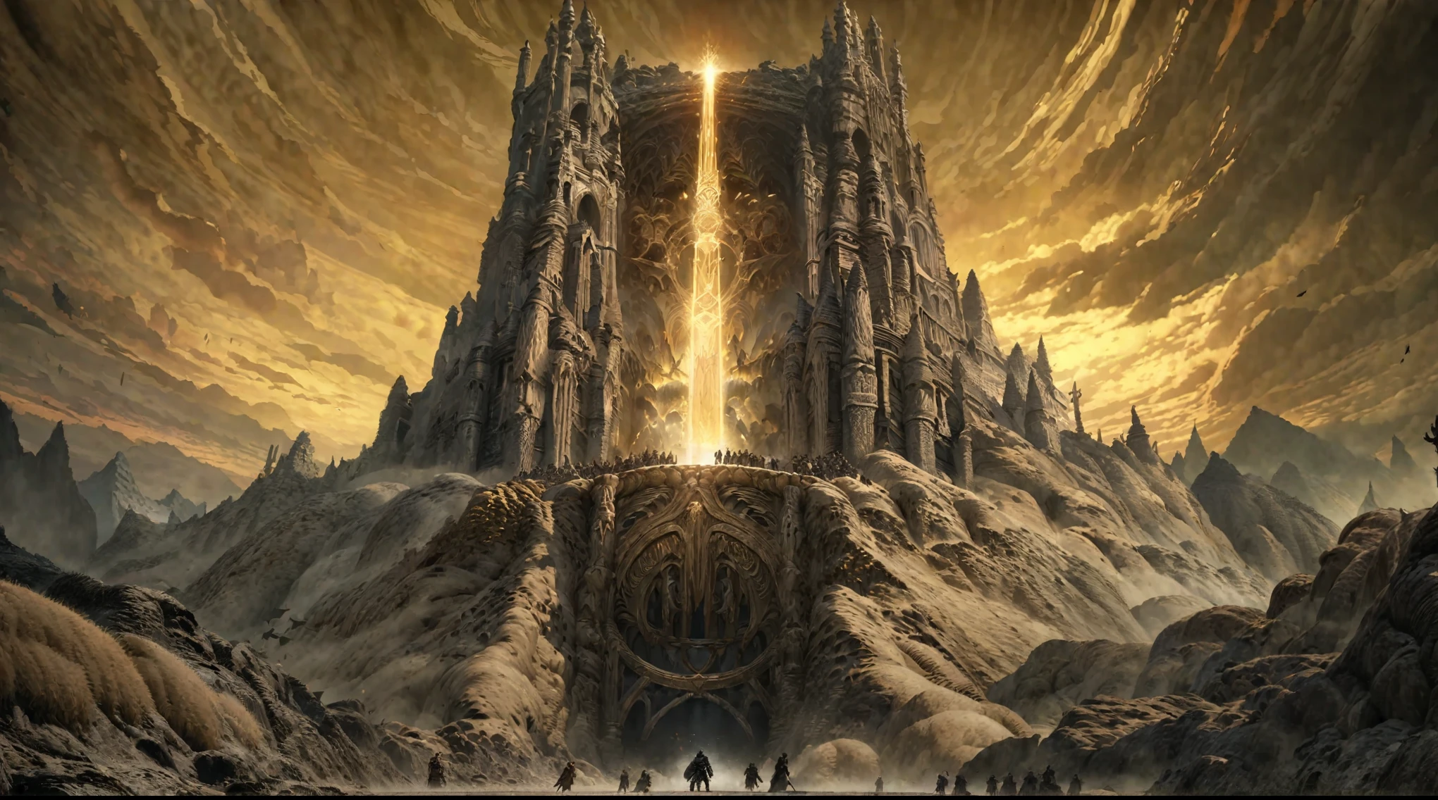 anime aestetics, anime scenery, grand finale, gigantic mountain of sand with passage in the center, godly gates, giganticstucture, portal to the world of gods, black and yellow skies, moment after the final battle, elden ring, elden ring scenery, elden ring style, fromsoftware, dark soul concept, from software game, dark souls art style dark souls art, dark souls style, dark souls screenshot, dark souls, from below, wide shot, perspective, atmospheric perspective, 4K, 8k, highres, best quality, super detail, award winning, masterpiece, UHD