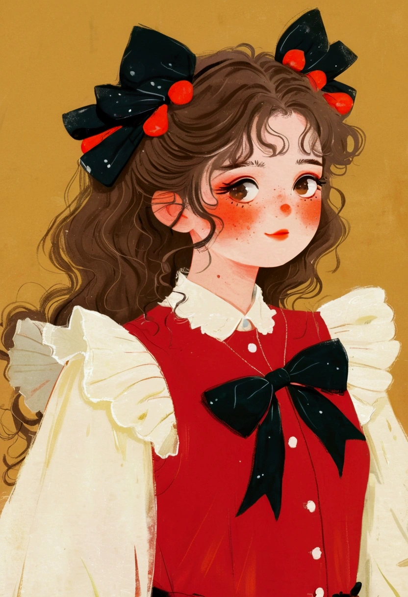 The girl in the painting is wearing a red dress，White collar，Wearing a black bow, , Digital Anime Illustration, Lovely art style, Lovely and detailed digital art, Beauvot Art Style, Retro anime girl, guweiz style artwork, Ruffles, Popular trends on artstration, Detailed portrait of anime girl, A beautiful artistic illustration
