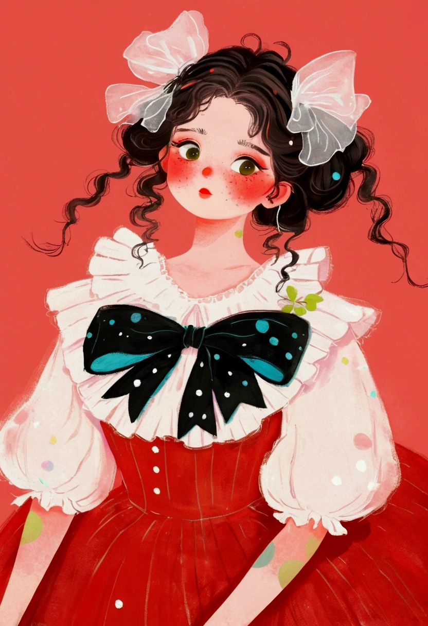 The girl in the painting is wearing a red dress,White collar,Wearing a black bow, A delicate painting by Jin Nong, pixiv, Rococo, , Digital Anime Illustration, Lovely art style, Lovely and detailed digital art, Beauvot Art Style, Retro anime girl, Ruffles, guweiz style artwork, Popular trends on artstration