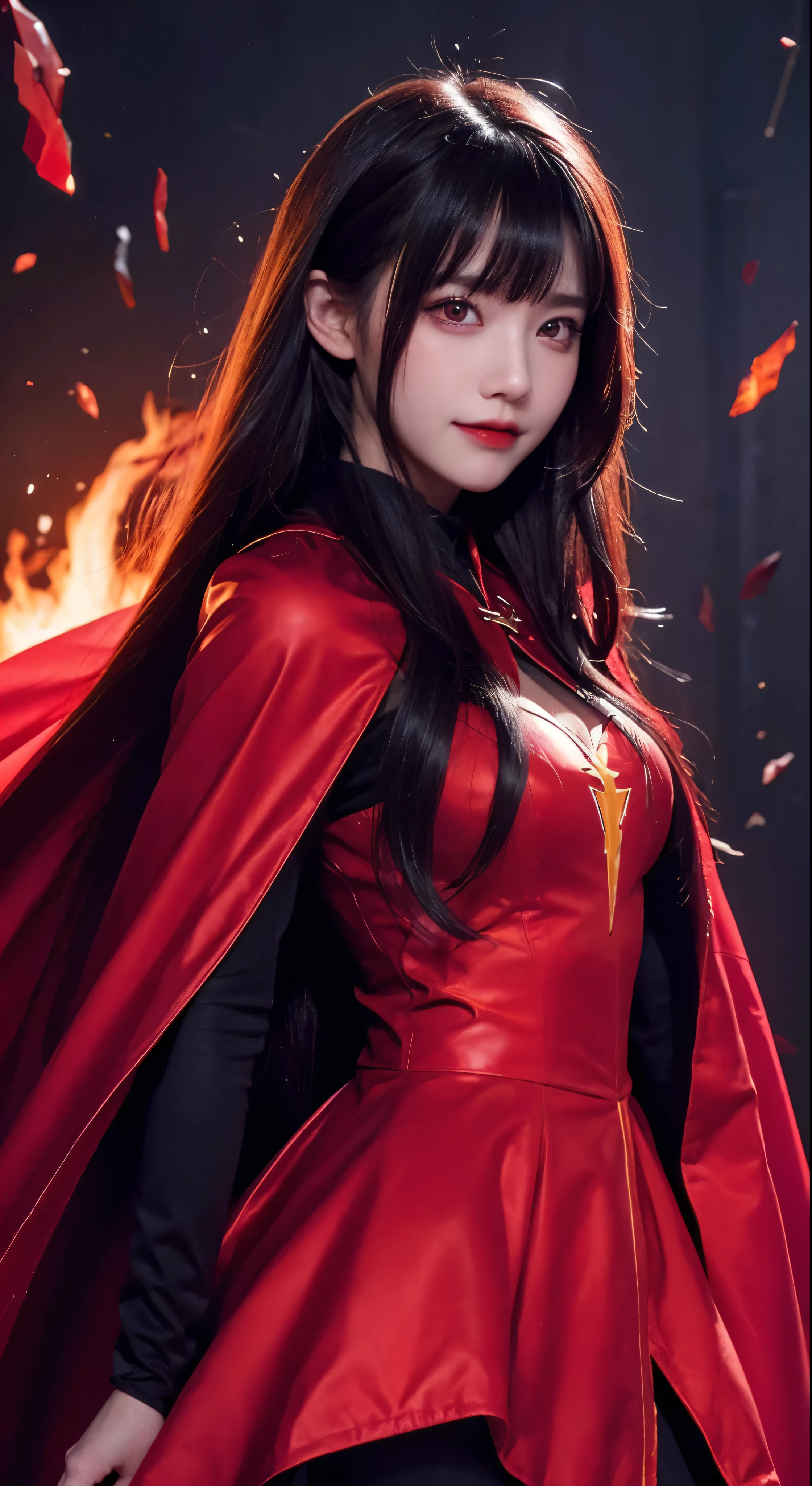 with high definition images，1 Girl、Flying hair、Red eyes、Fire Witch、Blood on face、Particles of light、Lightning rays、wallpaper、Red cape and black clothes、High Contrast、　vampire、Facial details、Psychopathic Smirk、Full body high quality images
