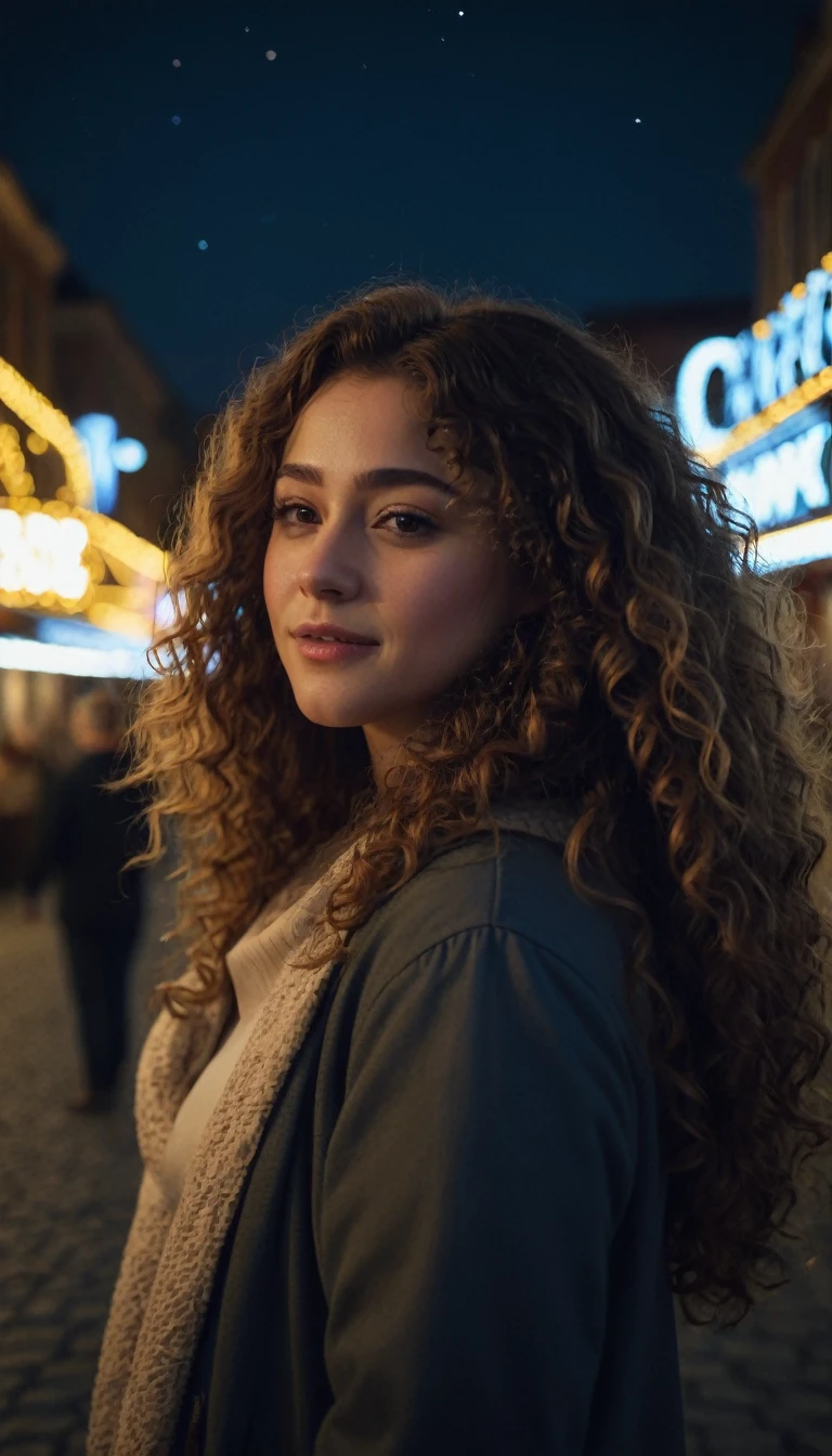 A girl with long curly hair, cinematic night scene, (best quality,4K,8k,high resolution,head of&#39;artwork:1.2),ultra-detailed,(realistic,photorealistic,photo-realistic:1.37),Dramatic lighting,gloomy atmosphere,mysterious shadows,dramatic shadows,Dramatic lighting,pose dramatique,concentration intense,intricate details,volumetric lighting,cinematic angle,Cinematic Framing,clair-obscur, lingerie, sexly