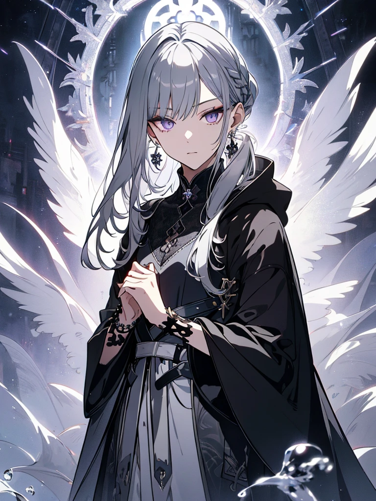 8k,High resolution RAW color art,Anime Art, (((Very detailed and cool))), Detailed skin, Blur、texture,(Exquisitely crafted, The finer details, Ultra-detailed art), (((One boy))), Depth of written boundary, Silky Touch, Hyper Detail, (((Cool face))), eye shadow、Silver Marble Skin, Beautifully detailed purple eyes, Beautiful lip detail, Very delicate face, Delicate depiction of hair and eyes, Detailed Fashion, Silver earrings,Silver Bracelet、Full body depiction, Black high neck、black waist cloak、 A little bit of grey hair、Semi-long hair、(((Hair)))、water surface、silk clotheatte、Soft clothes、cool、Food