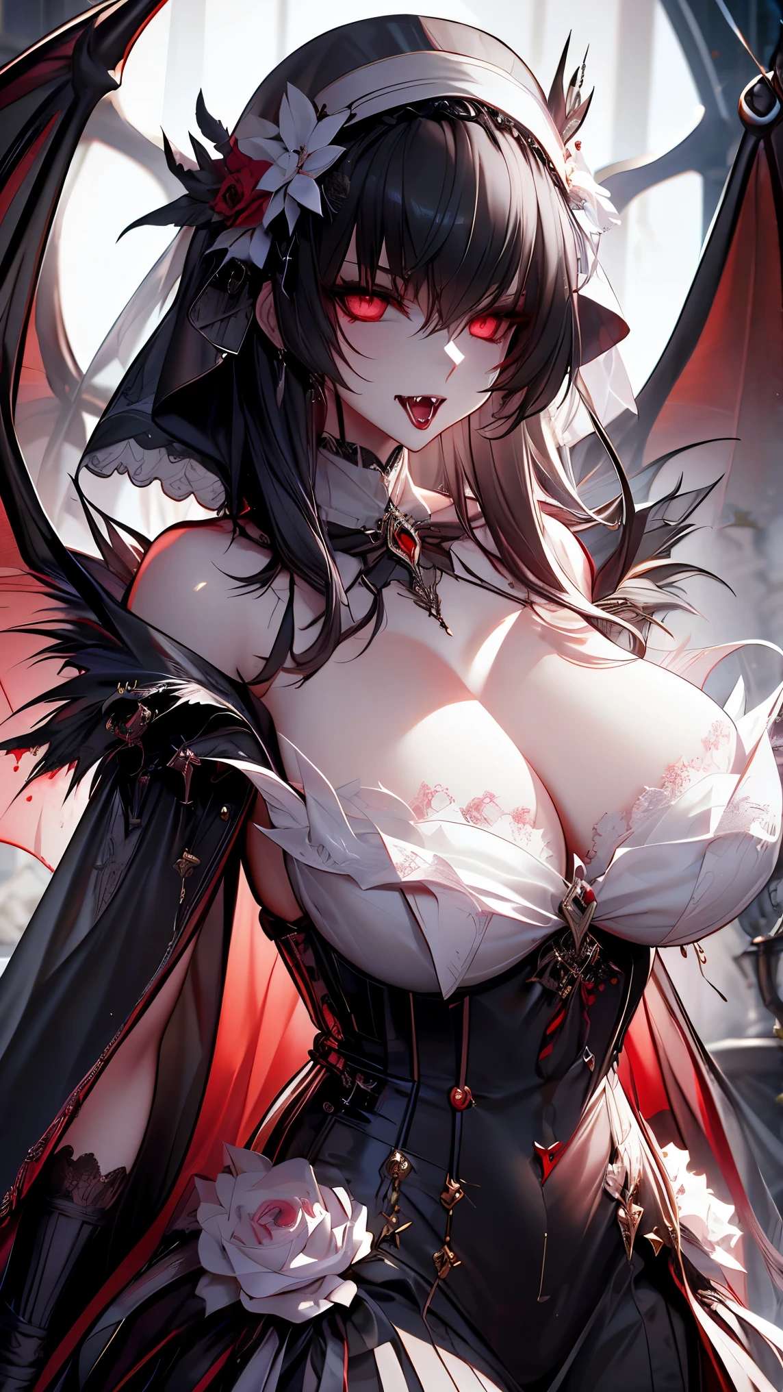 Gothic art, cinematic lighting, textured skin, masterpiece, high quality, high details, super detail, 8k, highres, Vampire girl wearing a black cloak, Vampire Carmilla, Bloodshot eyes, crazy gaze, canines, fangs on the neck of a beautiful woman, All black outfit, tuxedo, red bowtie, large bat wings