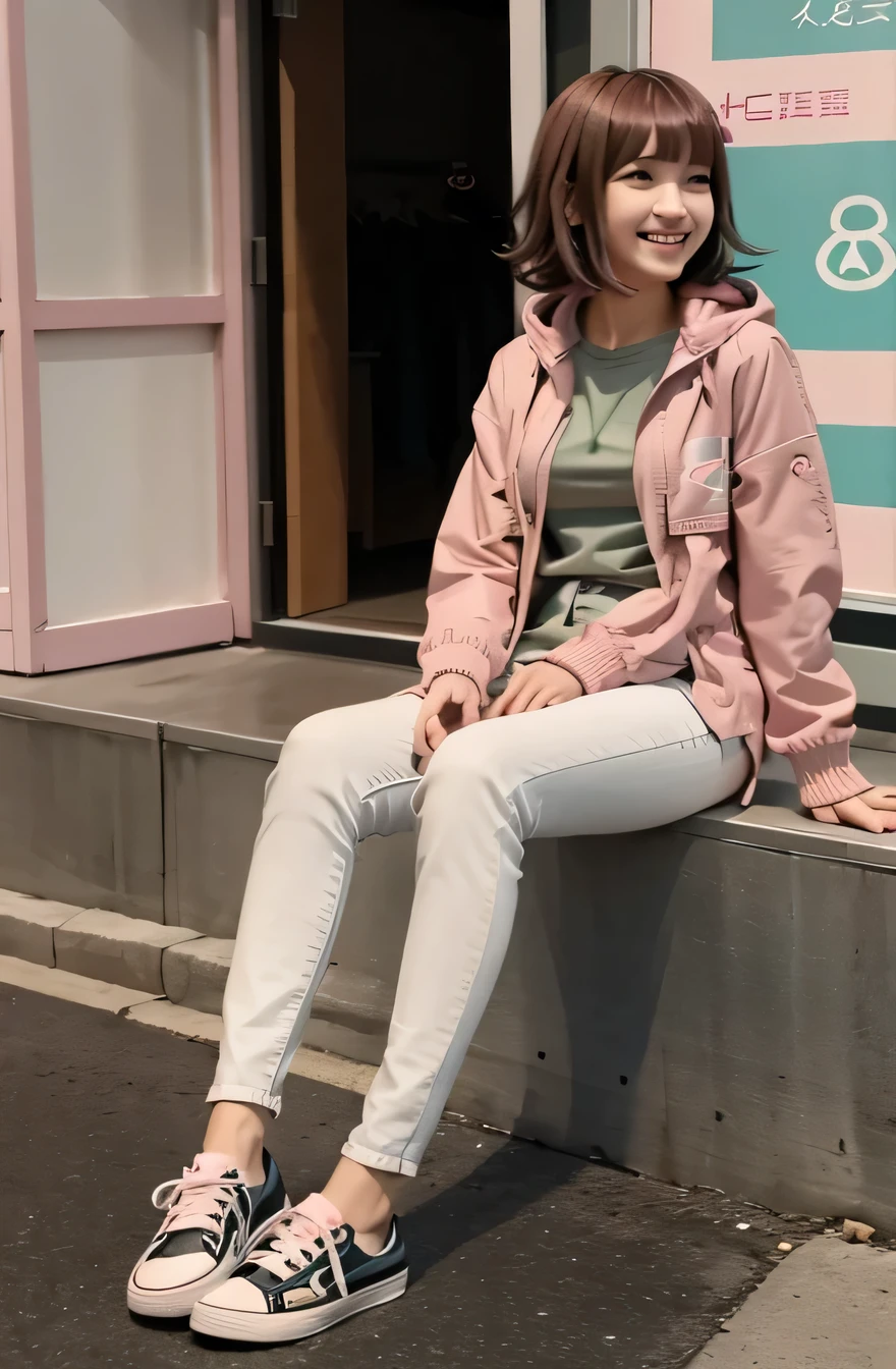 Nanami Chiaki in casual clothes at the shopping mall, Pink short hair, Pink Eyes, fringe, Teal hooded jacket, smile、looking at the camera, 20-year-old girl, , Olive green blouse, Skinny jeans、sneakers、,Chiaki Nanami, Nanami Chiaki