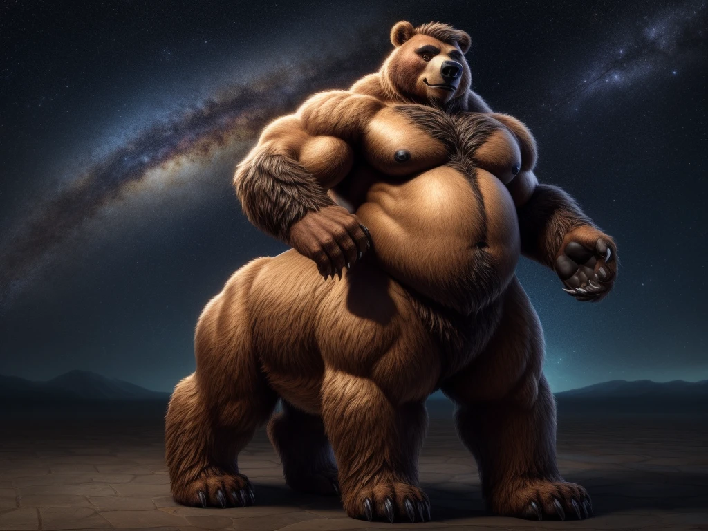 furry, fur taur, huge bear, beartaur, middle-age, solo,1man, detailed face, bear ears, bear eyes(green), bear nose(black), bear mouth, garibaldi beard(grey), hair, mature hair(grey), detailed arm, thick arm, forearm hair, muscular, thick hands(5 fingers), thick claws, detailed body belly, thick body, brown skin, muscle belly(white), thick chest, chest hair(white), nipples, detailed taur body, thick taur body, waist hair, thick bear paws, bear paws hair, thick bear claws, thick bear tail, bear tail, full body shot, standing in the galaxy