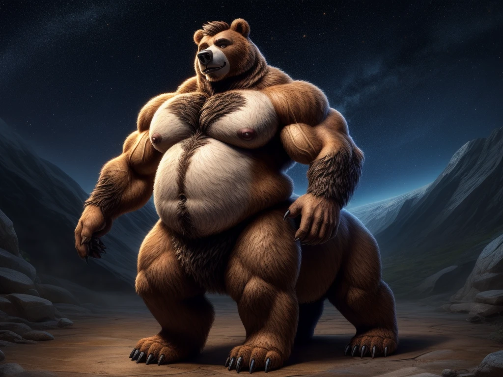 furry, fur taur, huge bear, beartaur, middle-age, solo,1man, detailed face, bear ears, bear eyes(green), bear nose(black), bear mouth, garibaldi beard(grey), hair, mature hair(grey), detailed arm, thick arm, forearm hair, muscular, thick hands(5 fingers), thick claws, detailed body belly, thick body, brown skin, muscle belly(white), thick chest, chest hair(white), nipples, detailed taur body, thick taur body, waist hair, thick bear paws, bear paws hair, thick bear claws, thick bear tail, bear tail, full body shot, standing in the galaxy
