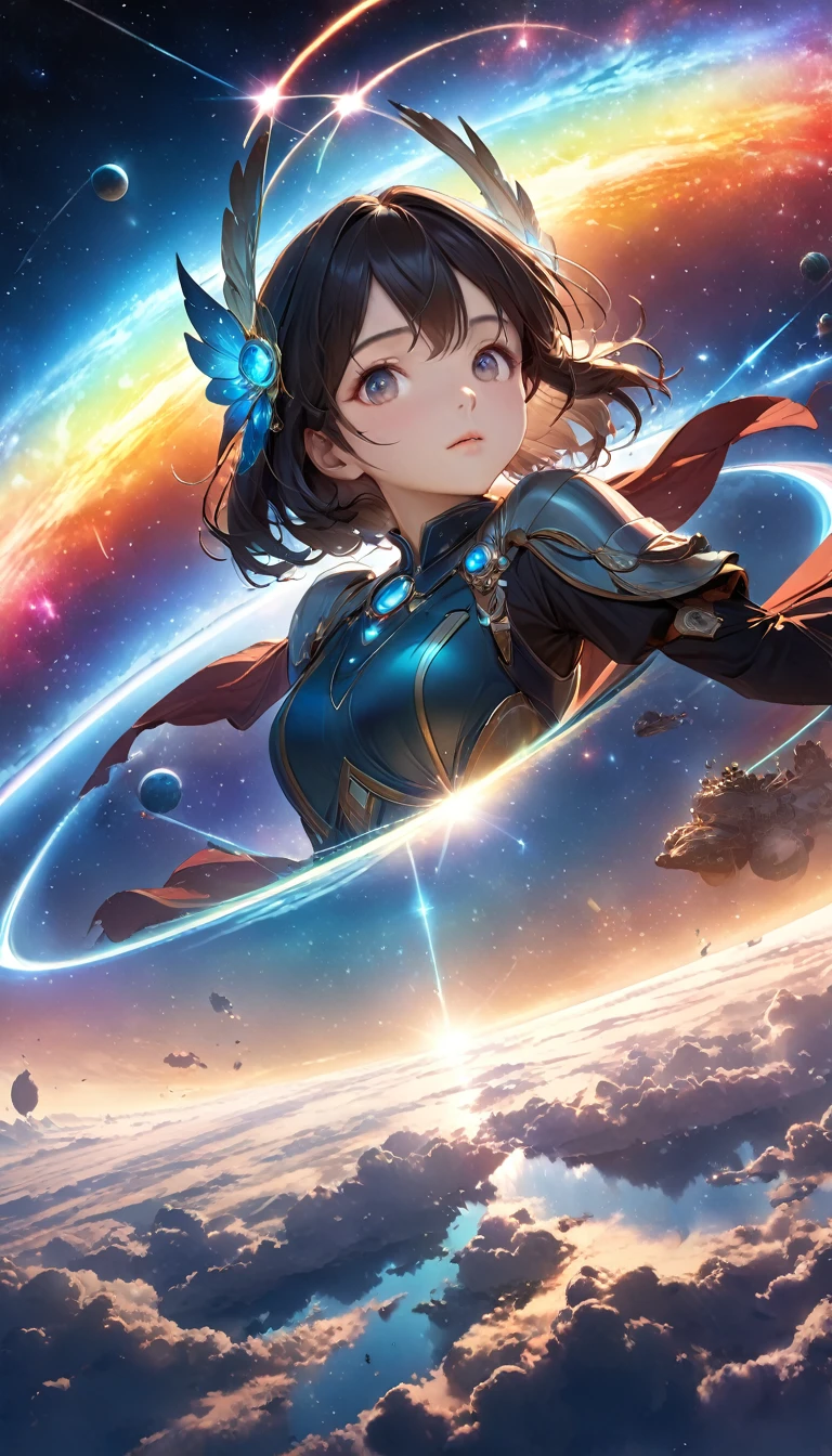 Space War, 8k resolution, masterpiece, Highest quality, Award-winning works, unrealistic, , Very detailed, Digital Painting, artステーション, コンセプトart, Smooth, Sharp focus, shape, artジャム、Greg Rutkowski、Alphonse Mucha、William Adolphe Bouguereau、art：Stephanie Law , Magnificent cosmic background, , nature, Full Shot, Symmetric, beep, Unreal 5, Surreal, Dynamic Lighting, ファンタジーart, Complex色, カラフルなSaturnの環,, Small face, Very delicate look, Delicate eye depiction, Upper body close-up,, erotic, dynamic sexy pose, Sexy Woman, Healthy body, 24-year-old female, , big bouncing busts, , Very long wavy blonde hair, Twin tails,, Glaring at the camera, look up, Invincible laughter, Complex, Spacesuit, , Spacewalk, (Saturn, Saturnの環にかじりつく:1.6)