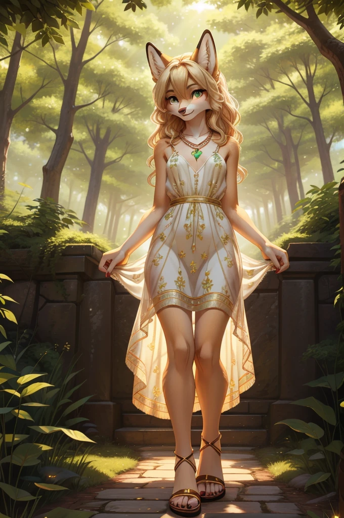 beautiful, (masterpiece), high quality, perfect lighting, Highly detailed CG Unity 8k wallpaper, High resolution, perfect lighting, youthful, adolescent, tall, slim, skinny, frail slender figure, slim legs, distinctly feminine figure, narrow hips, long legs, medium plump breasts, A beautiful fox-girl, with long, luxurious blonde fur that shines in the sunlight. Her hair is wavy and voluminous, with streaks of caramel brown running through it. Her eyes are a striking emerald green, and her expression is one of quiet confidence. She wears a flowing dress made of soft, patterned fabric that showcases her elegant curves. On her feet, she wears simple sandals, and around her neck is a delicate gold necklace with a single sparkling gemstone.
She stands in front of a lush, green forest, the leaves rustling in the breeze.