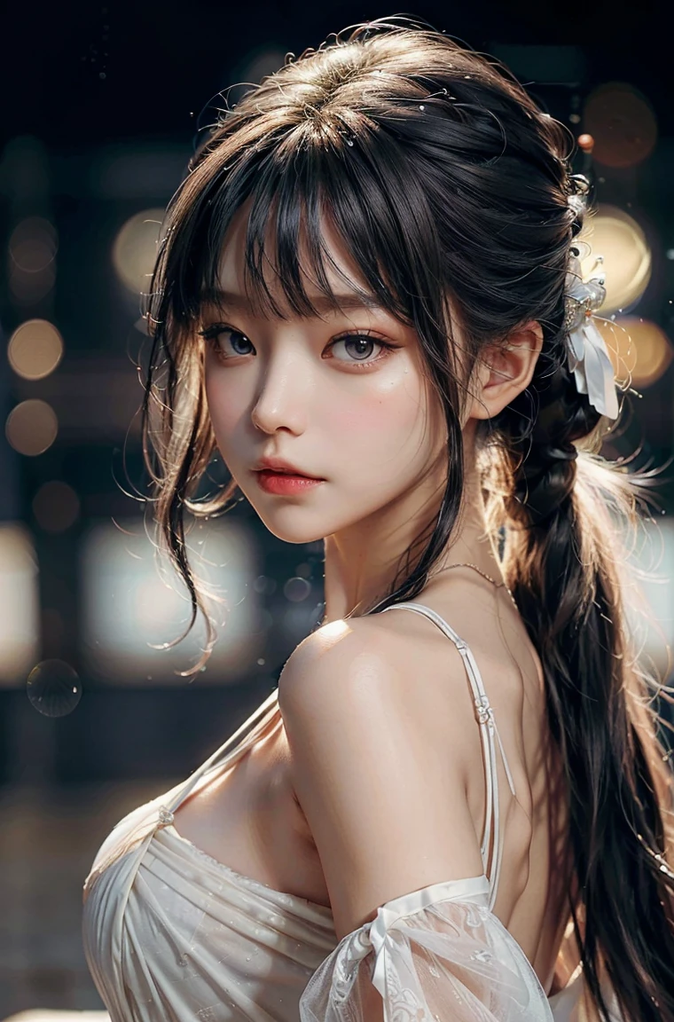 masterpiece, 1 beautiful girl, Delicate eyes, Purebred face_v1, Top quality, Ultra high resolution, (Reality: 1.4), Japanese, Korean, very beautiful, Beautiful skin, slim,Very sexy, (超Reality), (high resolution), (8K), (Very detailed), Delicate face, Bright Lights, Professional lighting, Looking at the audience, Face straight ahead, White bare back see-through antique style dress,big nipples, Black hair, long hair, long hair與辮子, Bangs,Double bun,hair accessories。