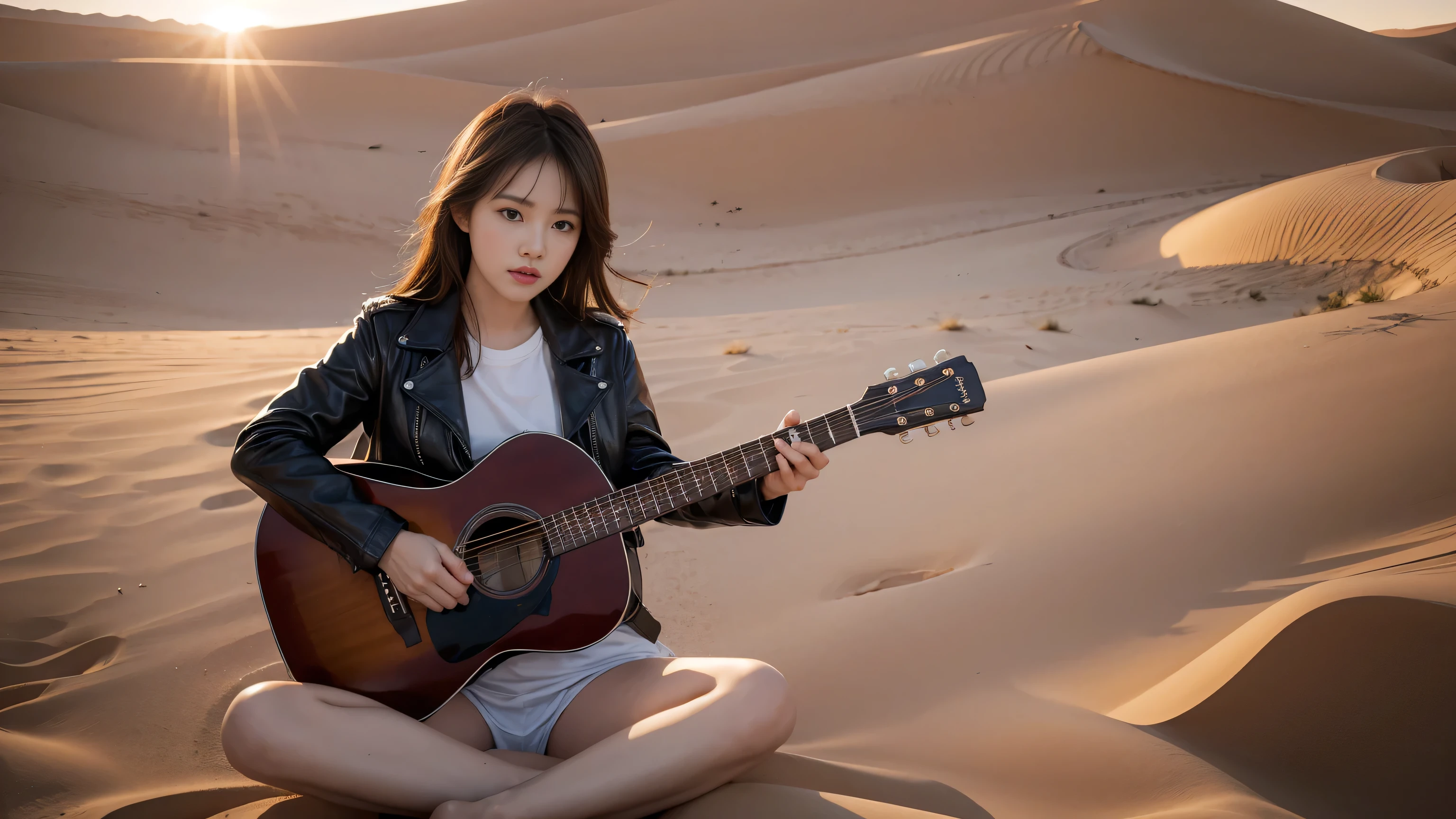 8K, Top quality, （Beauty）、high resolution, lifelike, Real People, Lighting Soft lighting、A musician in a leather jacket sat there glaring at me.、A beautiful girl、Huge 、、Guitar, Sitting on a huge desert dune valley at sunset,
