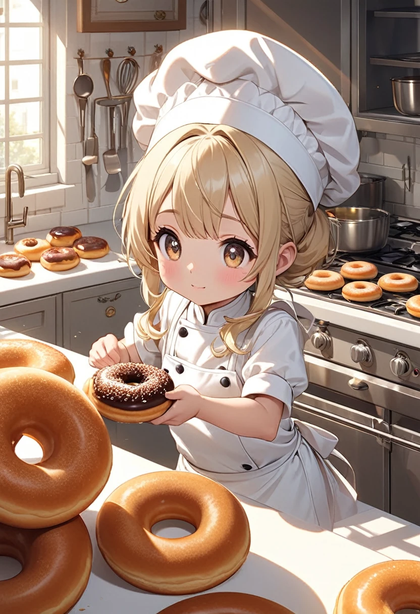 
            Cute and charming pastry chef  girl in front of kitchen with rich pastry utensils (extremely delicate and beautiful), Close-up of bright beige hair anime character wearing white chef uniform and gorgeous chef hat is about to try donuts cute and charming

                                       ( perfect anatomy )Complex patterns light and shadow soft highly detailed structures digital art, high detail, High quality animation style
