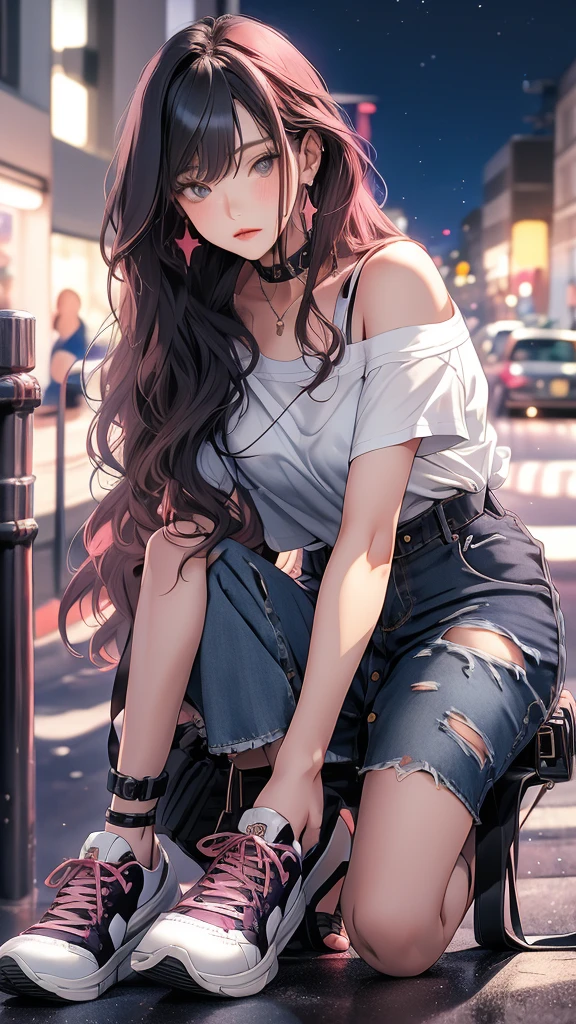 masterpiece, Highest quality, 30 years old、coolな美人, Dark pink long hair, Curly Hair, Blunt bangs, Straight bangs, Grey Eyes, White skin,Off-the-shoulder plain white t-shirt、 Denim shorts、cool、Improve、Facial super-do-up、The background is a midnight starry sky