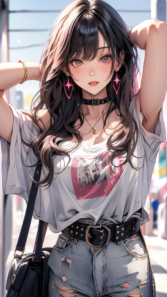 masterpiece, Highest quality, 30 years old、coolな美人, Dark pink long hair, Curly Hair, Blunt bangs, Straight bangs, Grey Eyes, White skin,Off-the-shoulder plain white t-shirt、 Denim shorts、cool、Improve、Facial super-do-up、The background is a midnight starry sky