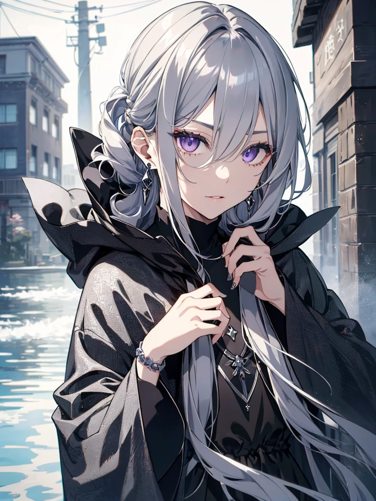 8k,High resolution RAW color art,Anime Art, (((Very detailed and cool))), Detailed skin, Blur、texture,(Exquisitely crafted, The finer details, Ultra-detailed art), (((One boy))), Depth of written boundary, Silky Touch, Hyper Detail, (((Cool face))), eye shadow、Silver Marble Skin, Beautifully detailed purple eyes, Beautiful lip detail, Very delicate face, Delicate depiction of hair and eyes, Detailed Fashion, Silver earrings,Silver Bracelet、Full body depiction, Black high neck、black waist cloak、 A little bit of grey hair、Semi-long hair、(((Hair)))、water surface、silk clotheatte、Soft clothes、cool、Food