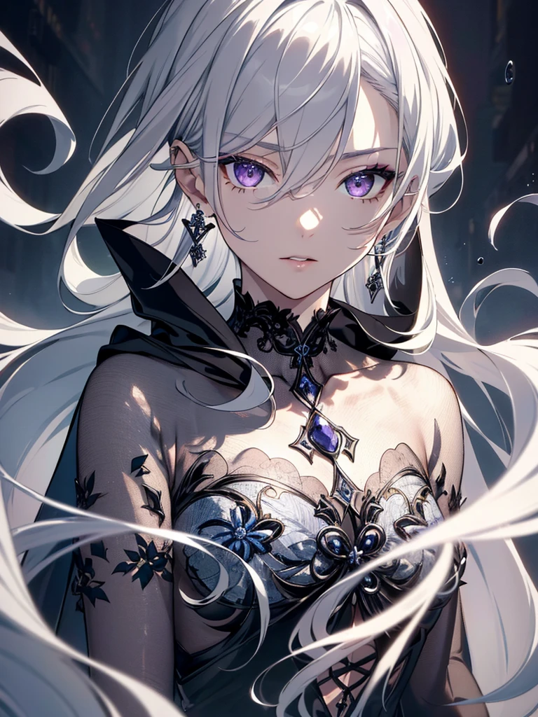 8k,High resolution RAW color art,Anime Art, (((Very detailed and cool))), Detailed skin, Blur、texture,(Exquisitely crafted, The finer details, Ultra-detailed art), (((One boy))), Depth of written boundary, Silky Touch, Hyper Detail, (((Cool face))), eye shadow、Silver Marble Skin, Beautifully detailed purple eyes, Beautiful lip detail, Very delicate face, Delicate depiction of hair and eyes, Detailed Fashion, Silver earrings,Silver Bracelet、Full body depiction, Black high neck、black waist cloak、 A little bit of grey hair、Semi-long hair、(((Hair)))、water surface、silk clotheatte、Soft clothes、cool、Food