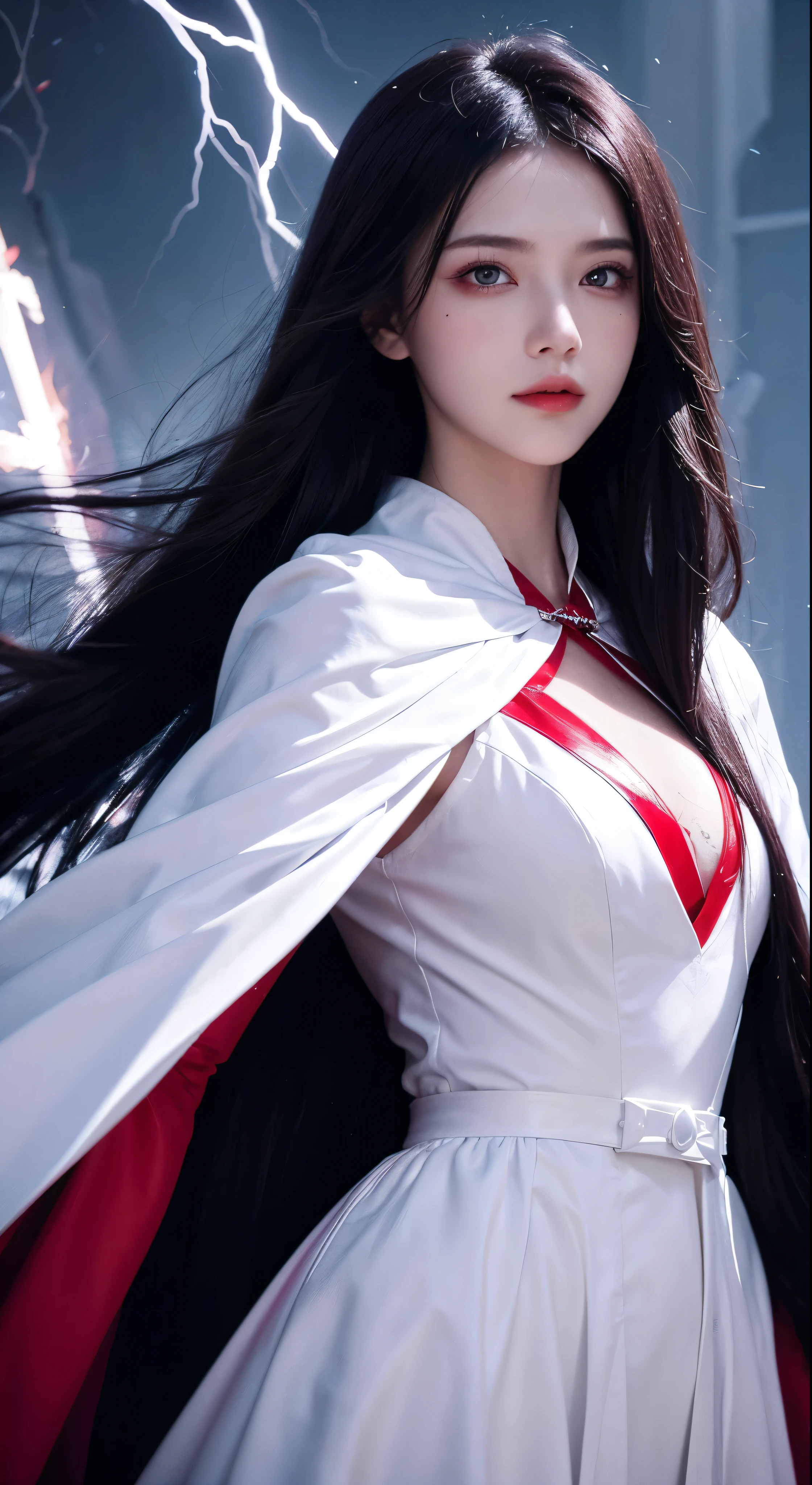 with high definition images，1 Girl、Flying hair、Red eyes、Fire Witch、Blood on face、Particles of light、Lightning rays、wallpaper、Black cloak and black clothes、High Contrast、　vampire、Facial details、Full body high quality images