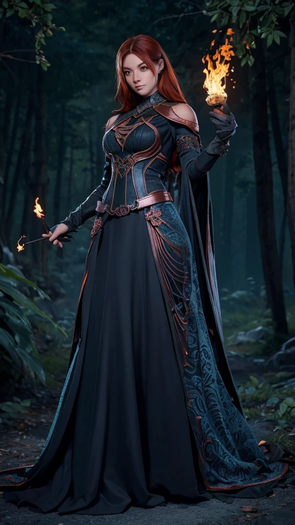 High quality, fantasy character art, character concept, character design art, bold lines, digital art style, artstation, A captivatingly sinister woman in her mid-20s, with luscious shoulder-length copper hair that shimmers in the dim light, she stands In the heart of a dense, shadowy forest surrounded by two massive, sleek black pit bull dogs. Holding up a torch that blazes brightly, she illuminates the eerie scene around her, ((The dogs and flaming torch must be seen)), the stunning sorceress is draped in a sumptuous gothic indigo dress, every detail exudes elegance amidst darkness: the fabric shimmers with hints of midnight blues and deep purples, intricate lace patterns adorning the bodice and sleeves. Three moons hover in the sky behind the woman, their silvery glow casting an magical light upon her The image, likely a digital painting, captures the essence of dark magic and danger with chilling precision. Every small detail is meticulously crafted, ((indigo, orange, black, green and grey are the only colours used except for her copper hair)), highly detailed , gothic aesthetic, the image has a gothic colour scheme, muted colours, (face must be seen), ((midshot figure framing))