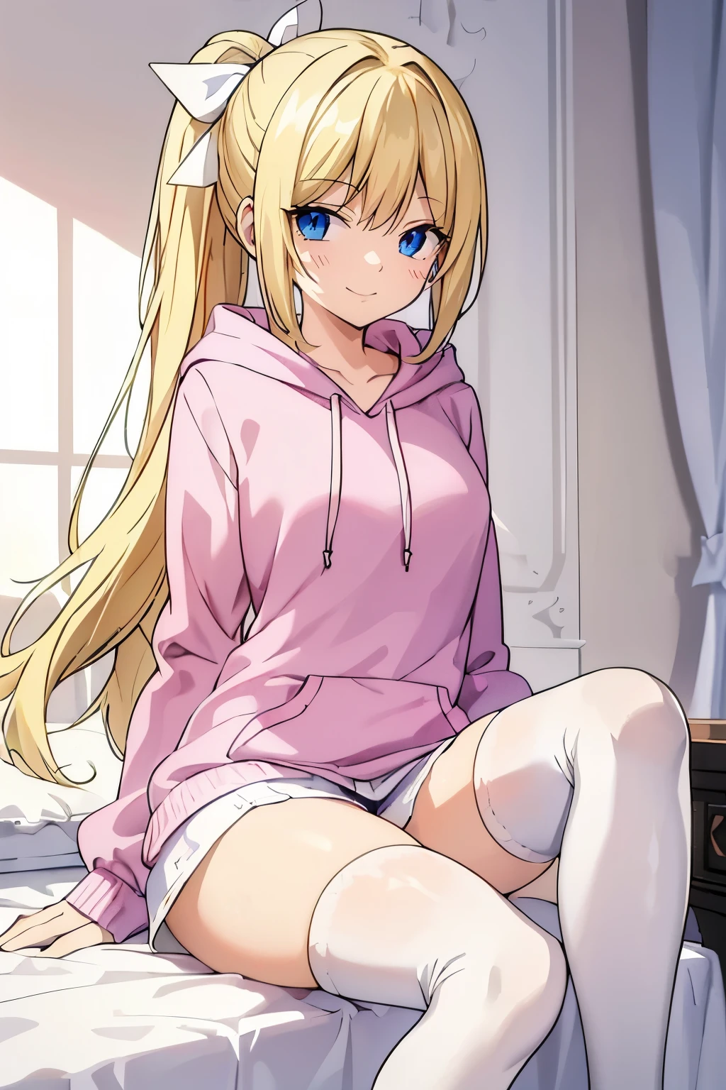 Safe for work, masterpiece, best quality, solo, 1 girl, (young female body:1.4), (medium small breasts), golden yellow hair, extra long hair, blunt bangs, crystal blue eyes, very detailed eyes, smiling, cute girl, cowboy shot, detailed eyes, bedroom, sitting on bed, pink hoodie, cropped hoodie, light pink sweater, white shorts, white pyjama shorts, crossed legs, one leg up, white knee high socks, cozy, white hair ribbons, ponytail, white shorts