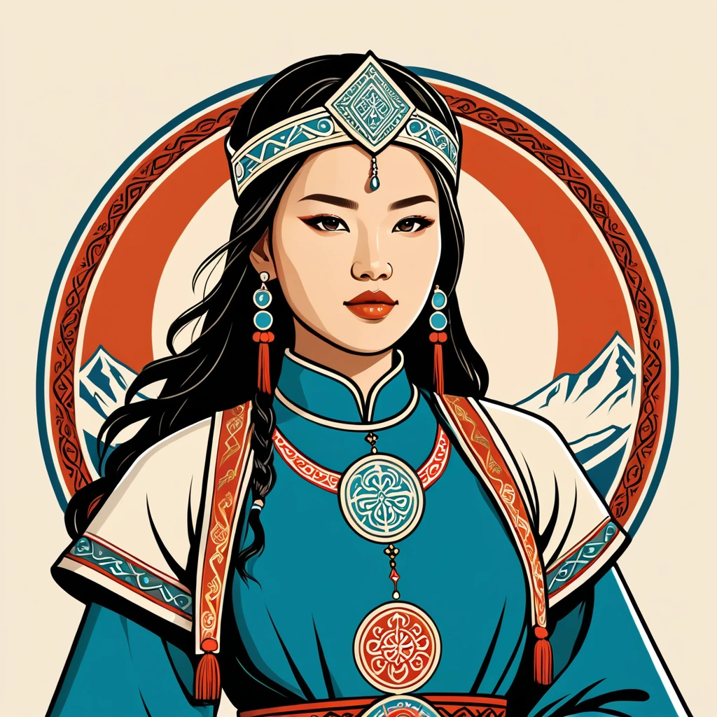 female	warden	in mongol folk outfit	,vector graphics, strong contours, logo design																						