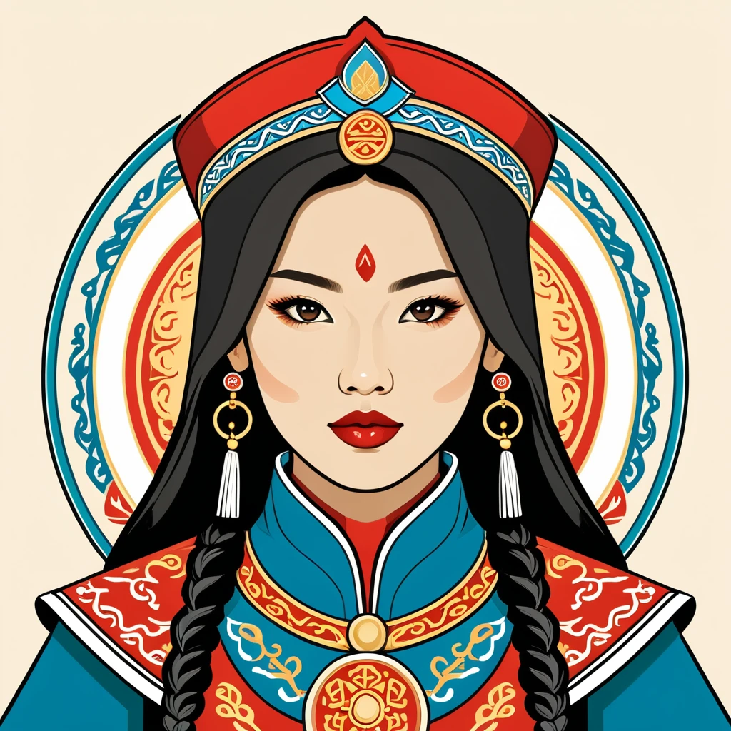 female warden in mongol folk outfit ,vector graphics, strong contours, logo design