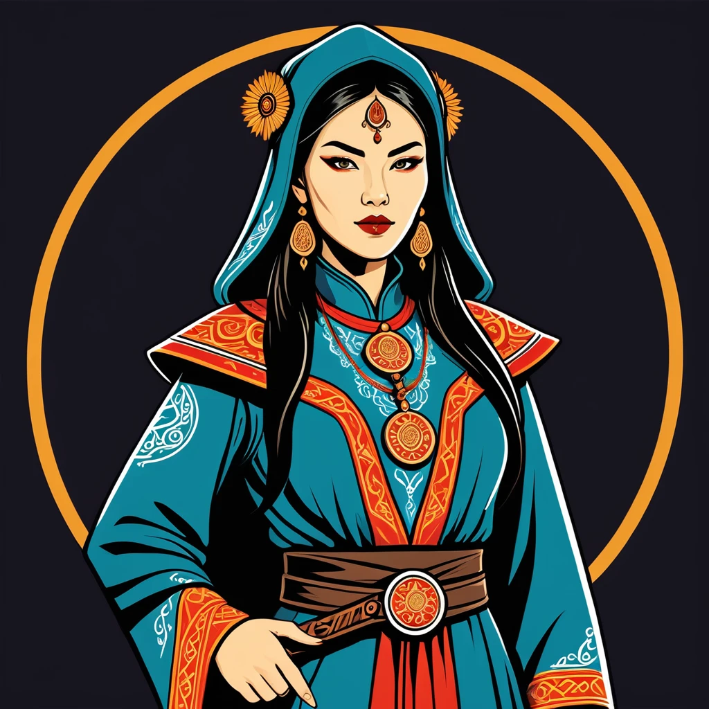 female	warlock	in mongol folk outfit	,vector graphics, strong contours, logo design																						