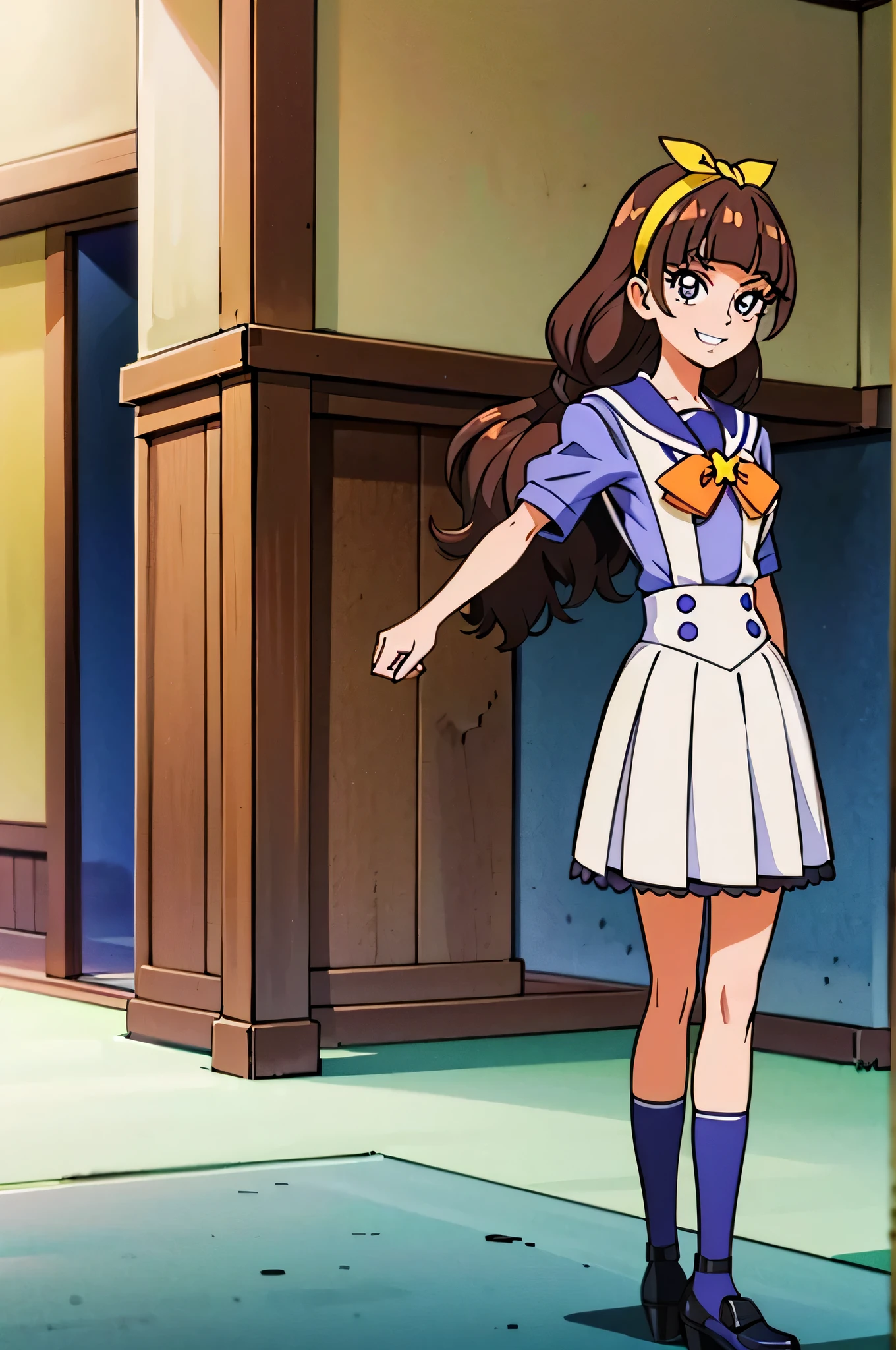 1 girl,(solo), ((amanogawaki)), (masterpiece:1.2), (high quality:1.0), (ultra detailed), (Smug Grin), Brat, Adolescent, (Yellow Headband), ((Blue White Uniform)), Looking Back, Looking at viewer, Black Shoes, White Uniform Skirt