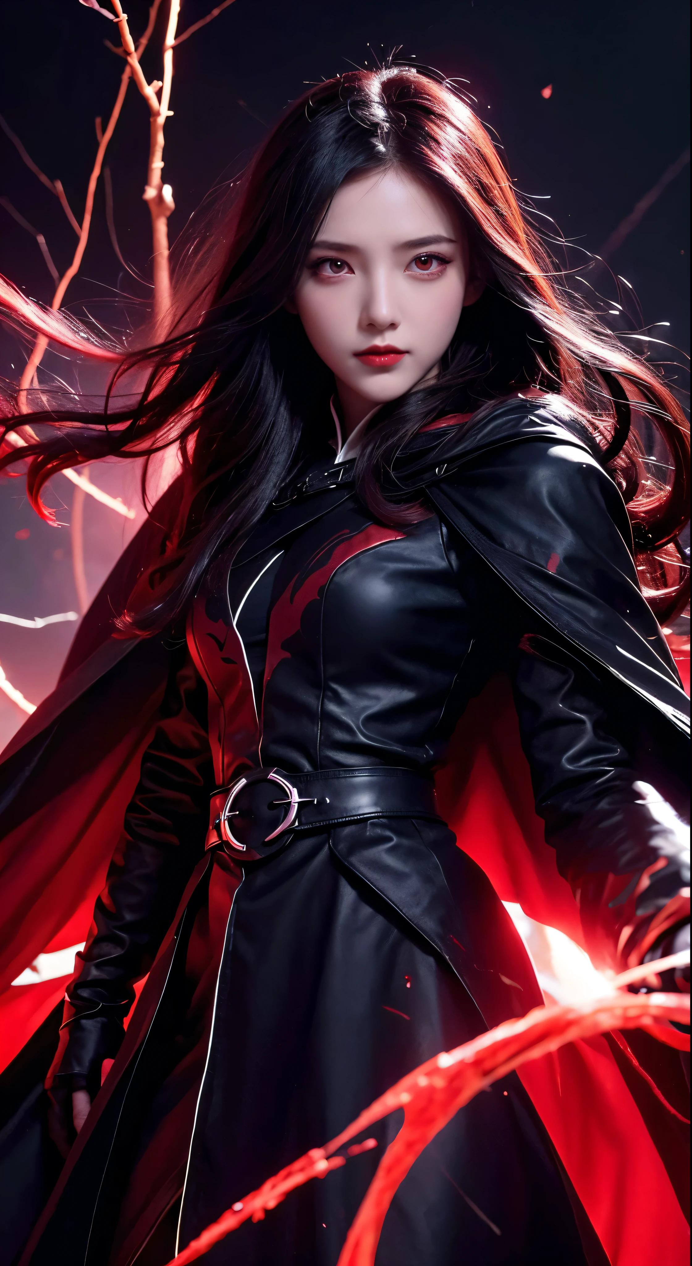 with high definition images，1 Girl、Flying hair、Red eyes、Fire Witch、Blood on face、Particles of light、Lightning rays、wallpaper、Black cloak and black clothes、High Contrast、　vampire、Facial details、Full body high quality images