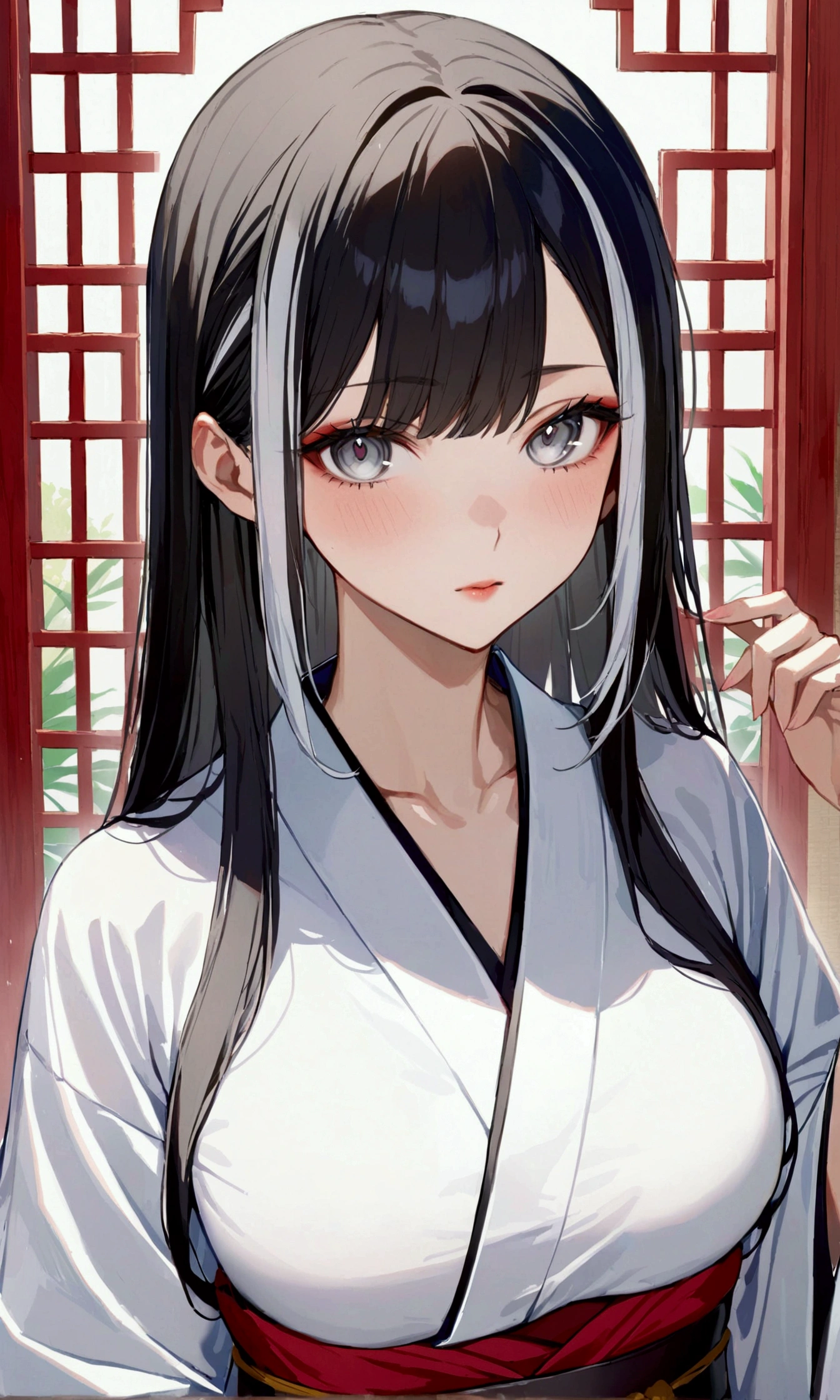 A girl with long black hair with white peekaboo highlights, white eyes, fair skin tone, slender and athletic built, Yukata, detailed hair, detailed body, best quality, aesthetic, 8k