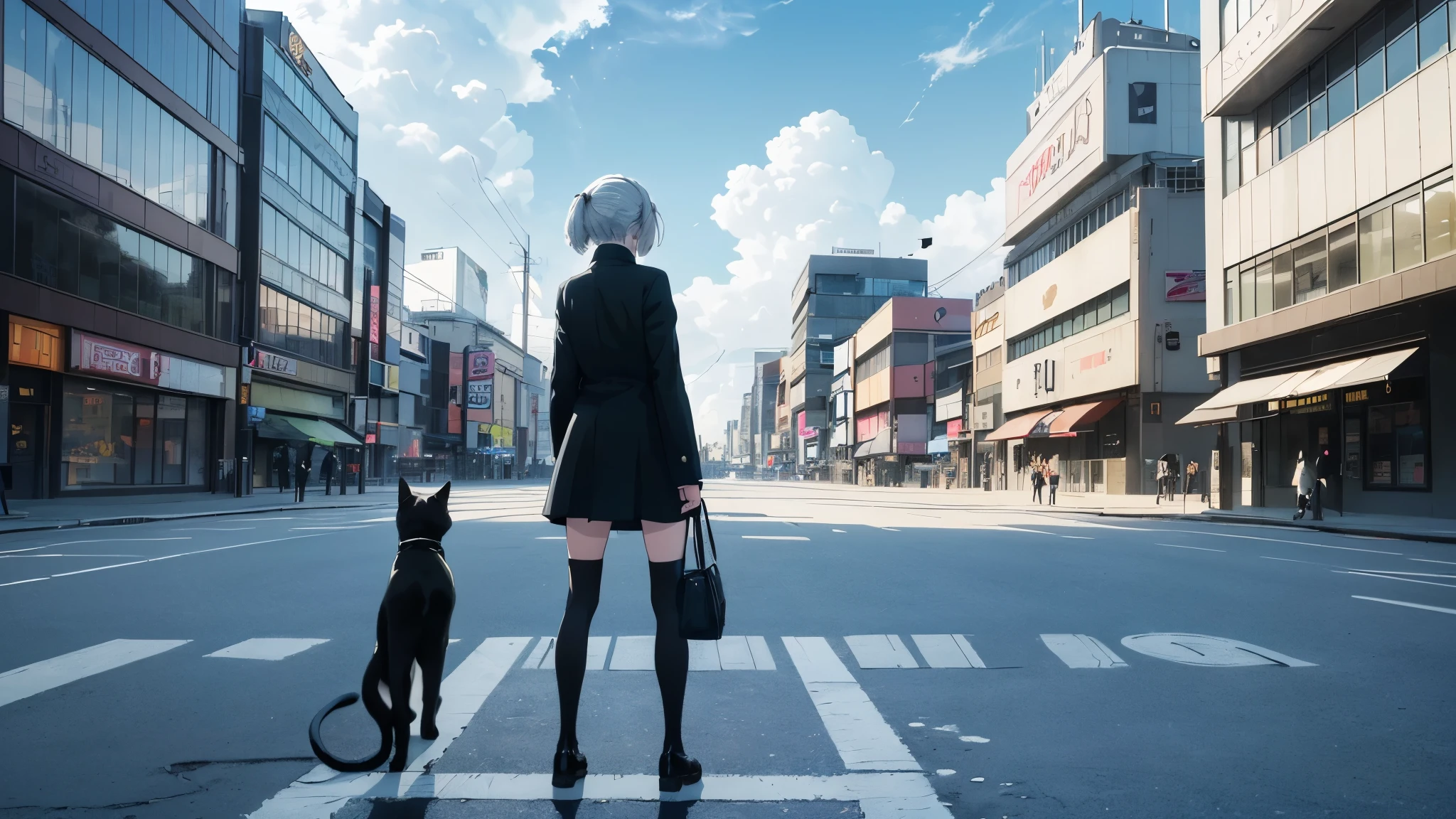 (Top quality, masterpiece, drawing by a world-famous illustrator), (A girl and a black cat, standing in front of Shibuya 109, full body, uniform, short hair, white hair, facing away), (City, summer sky, deserted, cumulonimbus cloud, blue sky), (Lo-fi art style, blue, white, black)