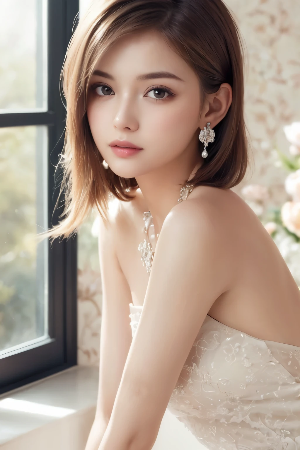 gorgeous silk dresses, Long dress, Ultra-realistic pantyhose:1.3, (((Very elegant and beautiful, Perfect detail, Very detailed))), whole body, The most detailed girl, Written boundary depth, Beautifully detailed whole body, Thin legs, 1 girl, 30 years old, Very short hair, Spiked Hair, Gray and silver hair, Beautiful detailed hair, Perfect Face, Expressionless, Beautiful, detailed, deep eyes, Please open your mouth a little, Delicate arms and hands, Pale skin, Earrings, Beautiful and gorgeous necklace, Colorful background, HD background, Blurred Background, Very delicate and beautiful, masterpiece, (((Highest quality, Very beautiful 8K CG wallpaper))), (((Trendy hairstyles))), (Inside the room,Stylish interior,window),