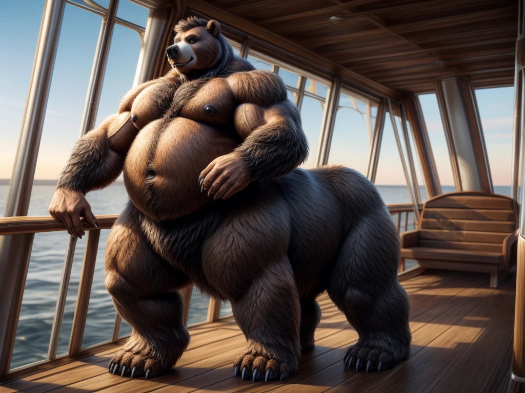 furry, fur taur, huge bear, beartaur, middle-age, solo,1man, detailed face, bear ears, bear eyes(green), bear nose(black), bear mouth, garibaldi beard(grey), hair, mature hair(grey), detailed arm, thick arm, forearm hair, muscular, thick hands(5 fingers), thick claws, detailed body belly, thick body, brown skin, muscle belly(white), thick chest, chest hair(white), nipples, detailed taur body, thick taur body, waist hair, thick bear paws, bear paws hair, thick bear claws, thick bear tail, bear tail, full body shot, standing on the ship