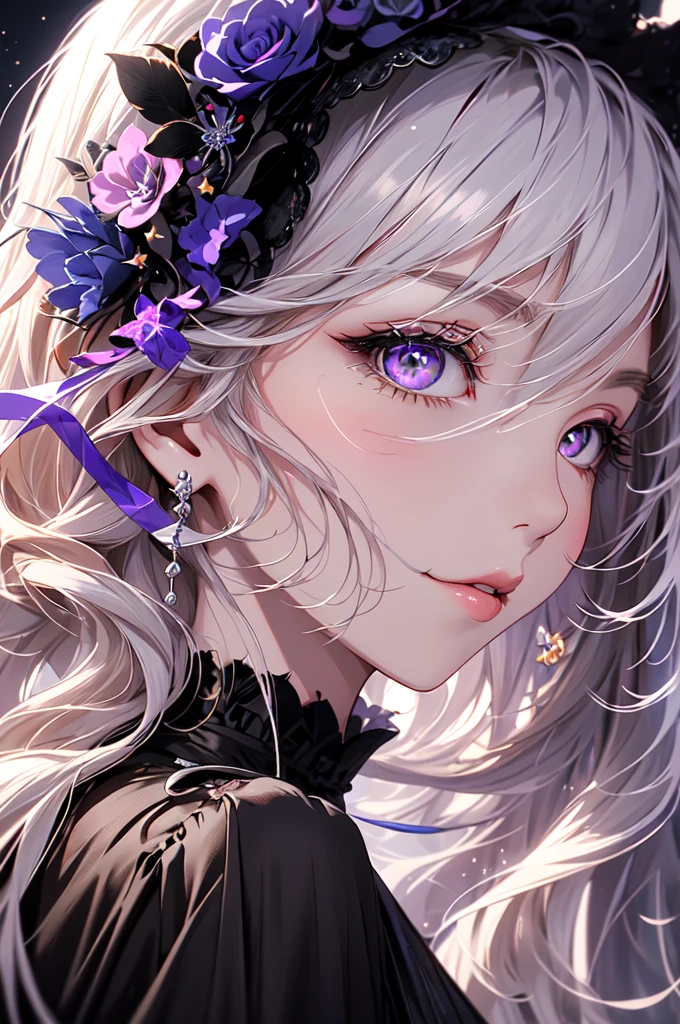 The work of a hyperrealist artist, Her details are lovingly painted,1 female, mature beautiful woman,alone, ウェーブのかかった長いgray hair, gray hair, bangs,fluffy hair,white cat ears,Odd-eyed purple and pink eyes, long eyelashes, thick eyelashes, closed mouth,Gothic ta fashion based on noble black、gothic dress,gorgeous dress, (long sleeve:1.2),Delicate lace and ribbon、elegant decoration、A black bonnet and a purple rose on my head,whole body,particles of light, soft lighting, volume lighting, intricate details, finely, dramatic, cinematic, highest quality, masterpiece, looking at the viewer, The background is a purple bright wallpaper with a moon, Abundant light,rays of moonlight,from behind,